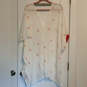 White Sheer Cover-Up with pink flamingo embroidery